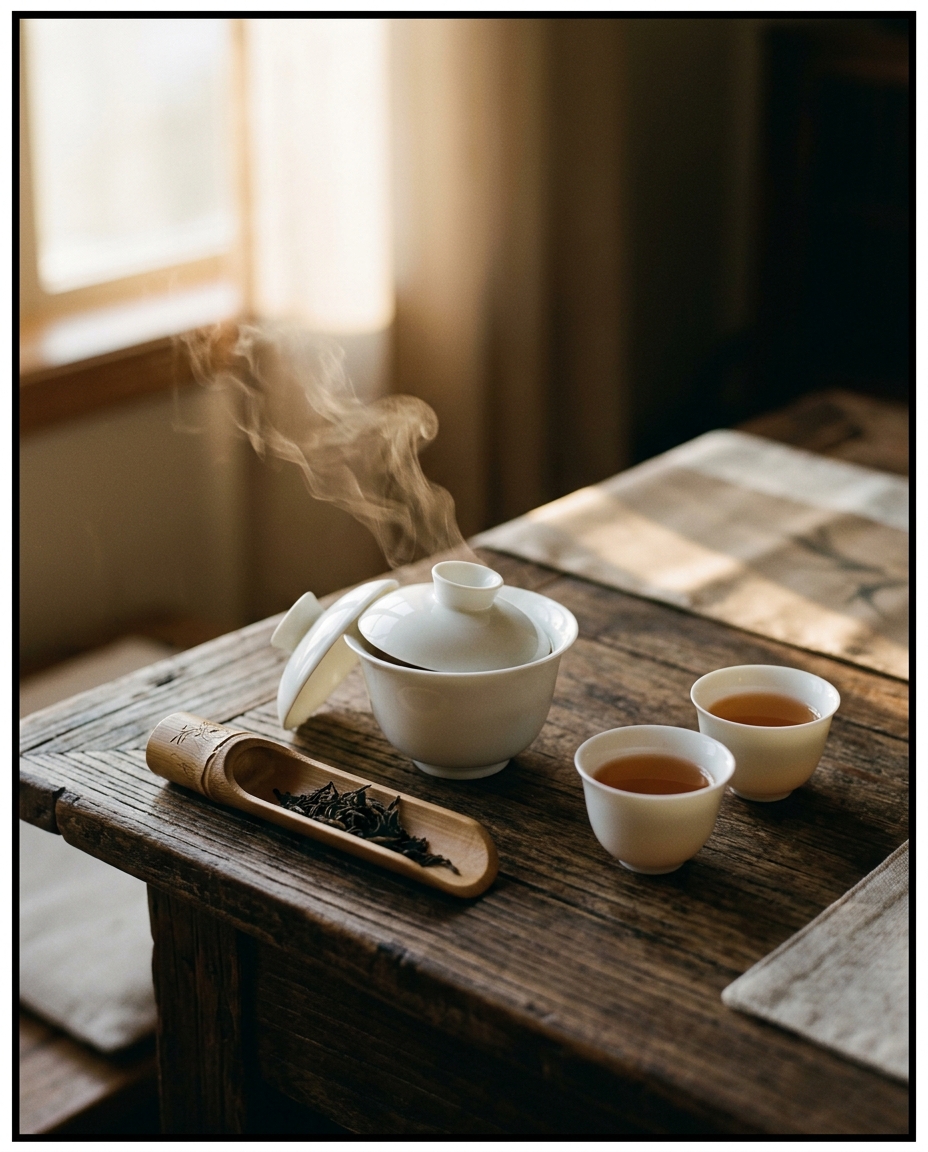 A porcelain gaiwan and small cups arranged for Gongfu tea brewing